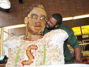 Mark Ingram, Jr., a running back for the New Orleans Saints, recreated in bread, raisins, cranberries, and chicken salad.