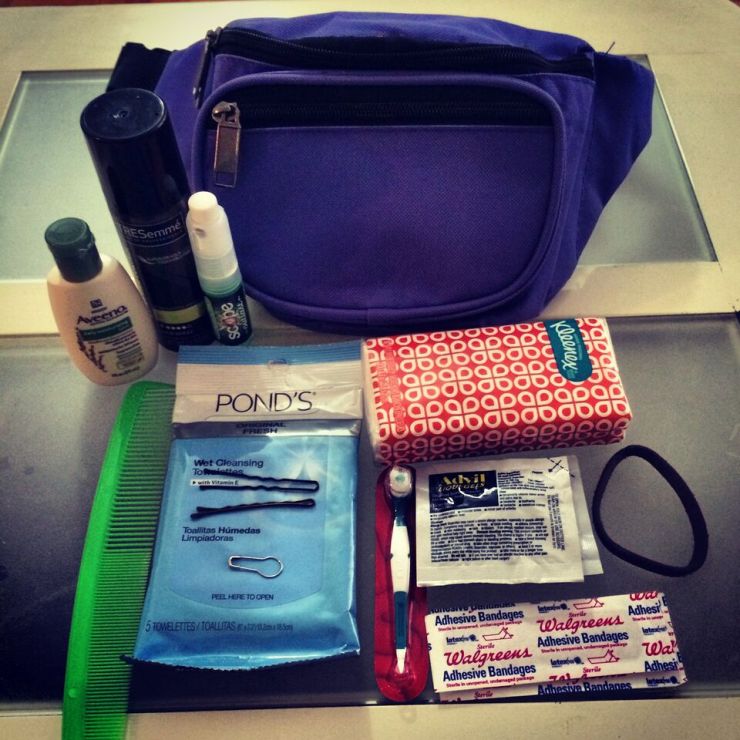 Glantz's fanny pack survival kit, which she brings to every wedding.